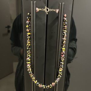 Round glass bead necklace black red yellow choker length